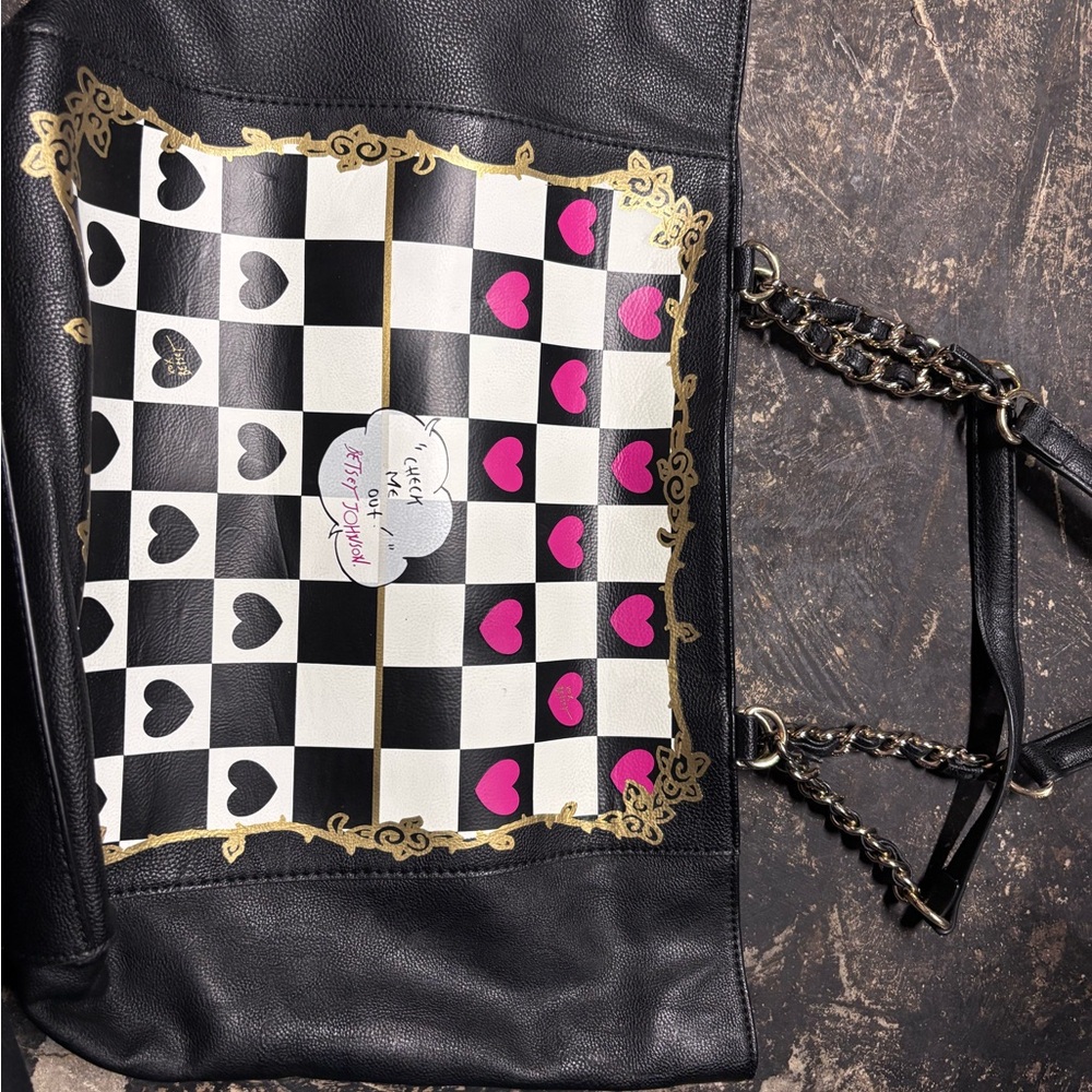 Chic Black and White Checkered Tote with Pink Accents
